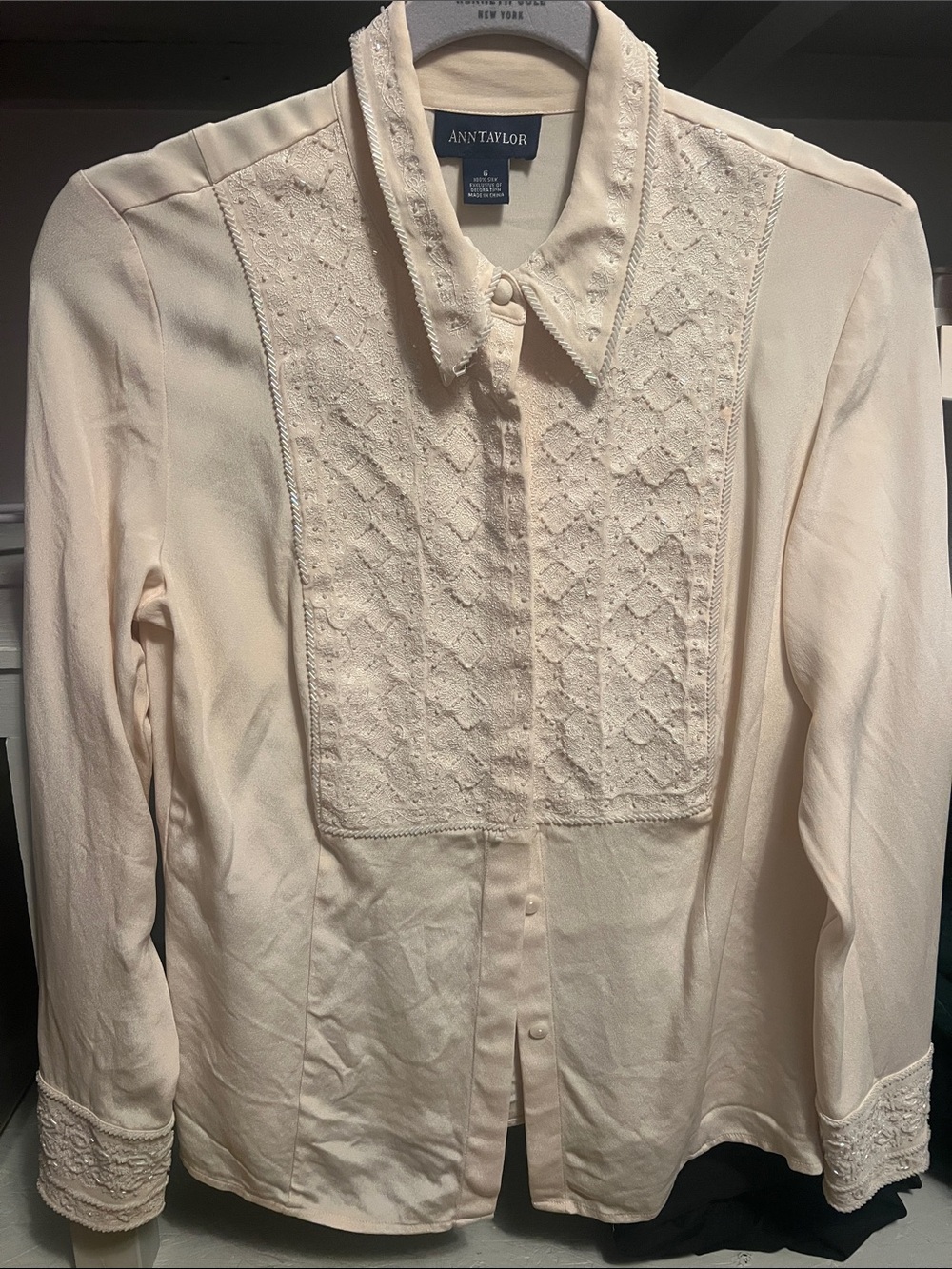 Pure silk vintage Ann Taylor Cream Lace-Panel Button-Front Shirt